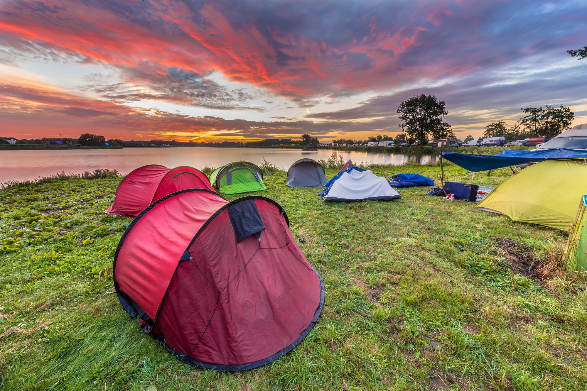Dome tents camping near lake