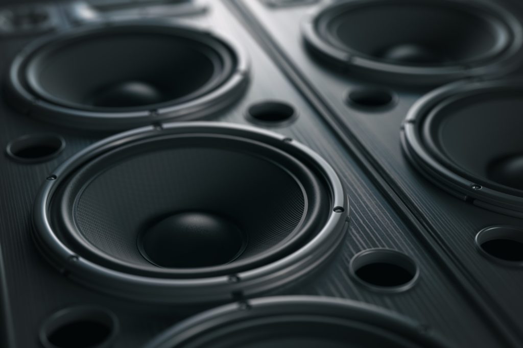 Multimedia acoustic sound speaker system. Music close up black