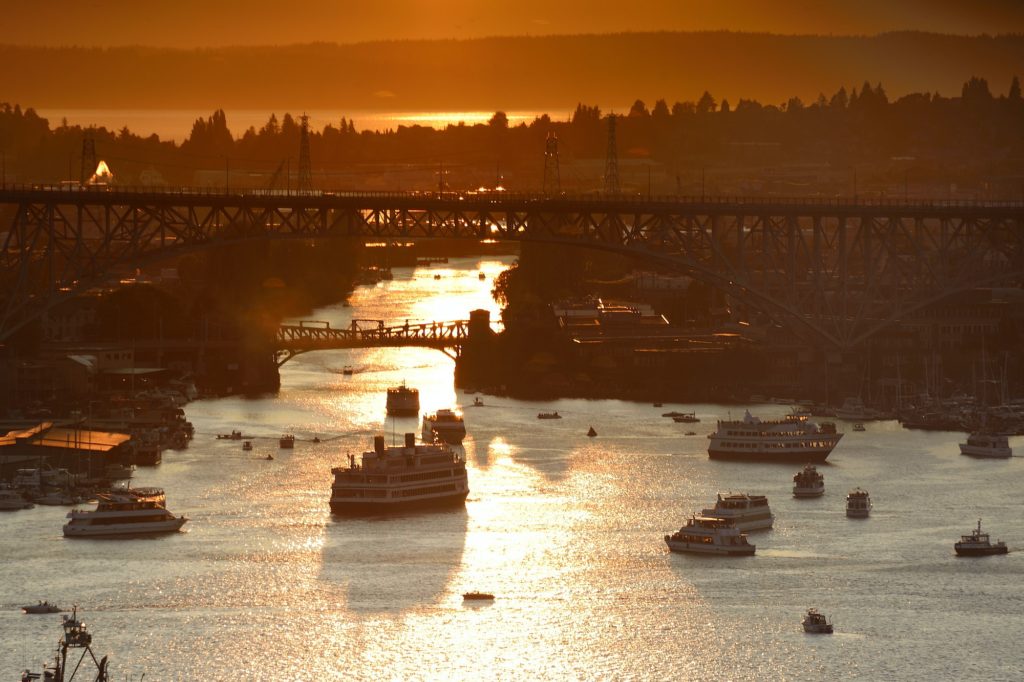 Aerial view of ships on Lake Union at sunset, Seattle, Washington, United States