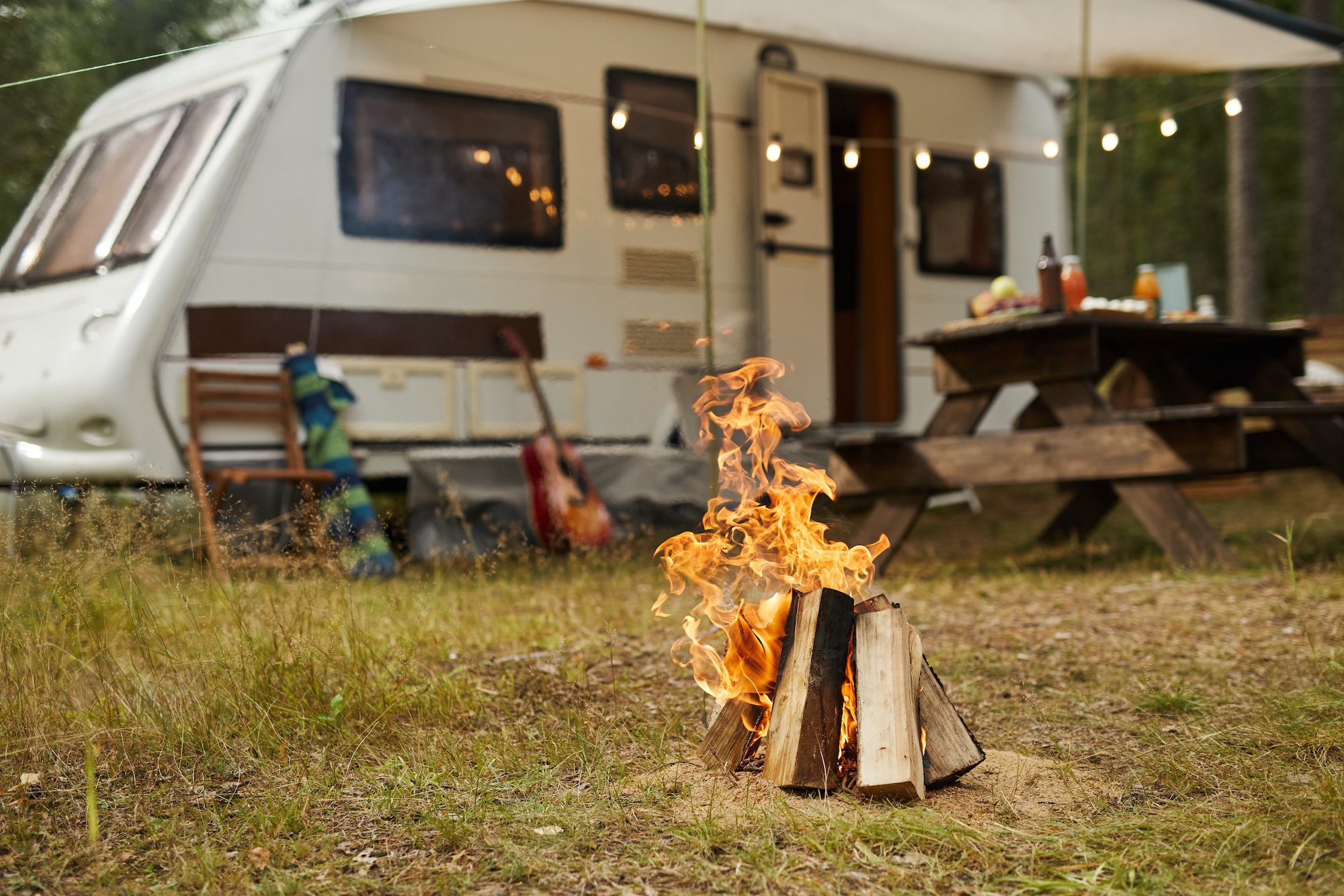 RV Camping Site with Bonfire