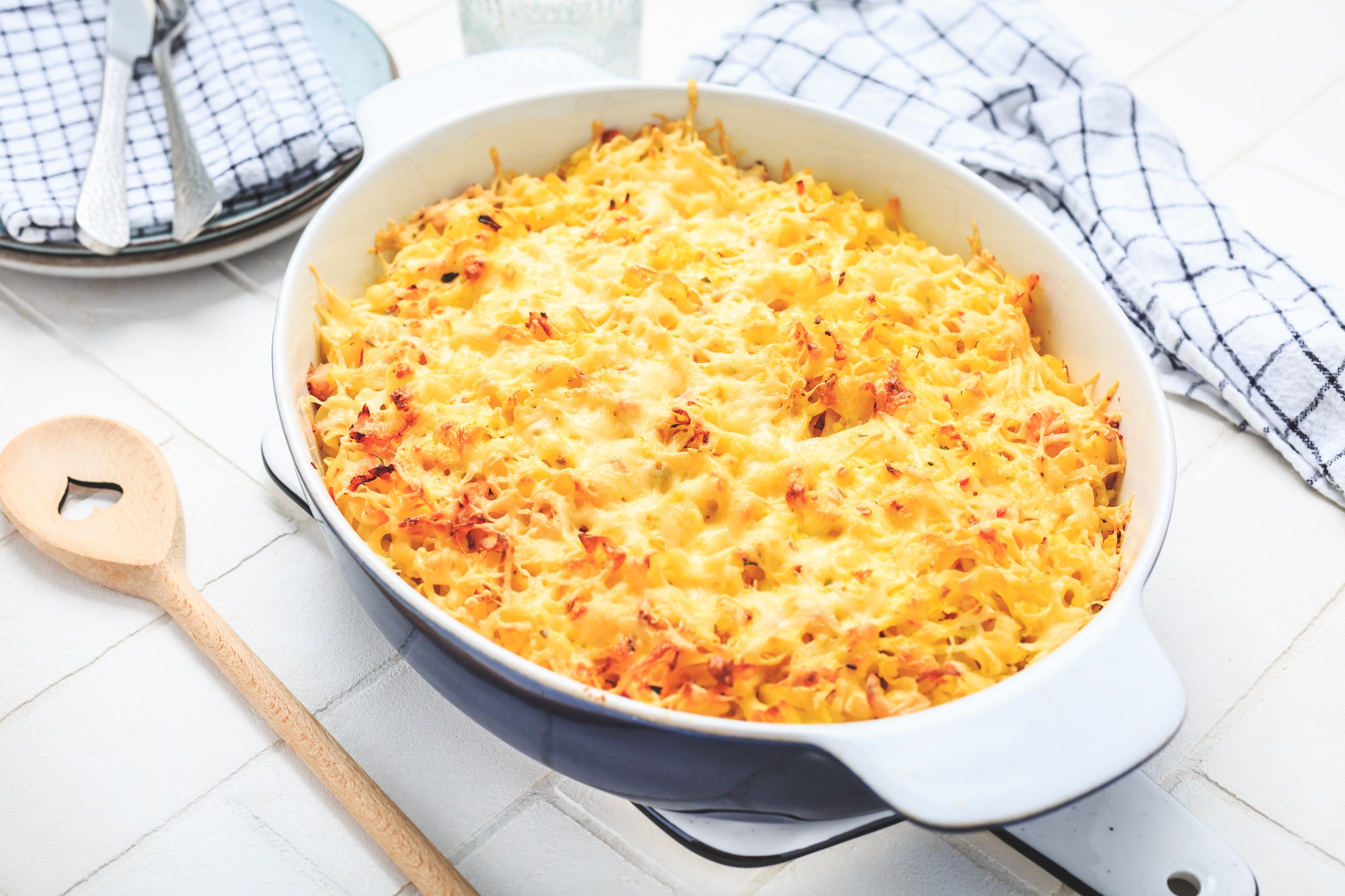Typical American macaroni and cheese (mac and cheese ) in caseroll