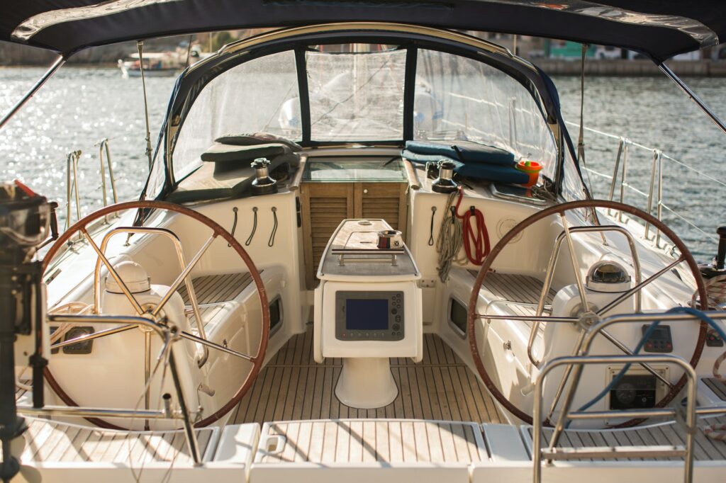 Control panel and steering wheel on a sailboat