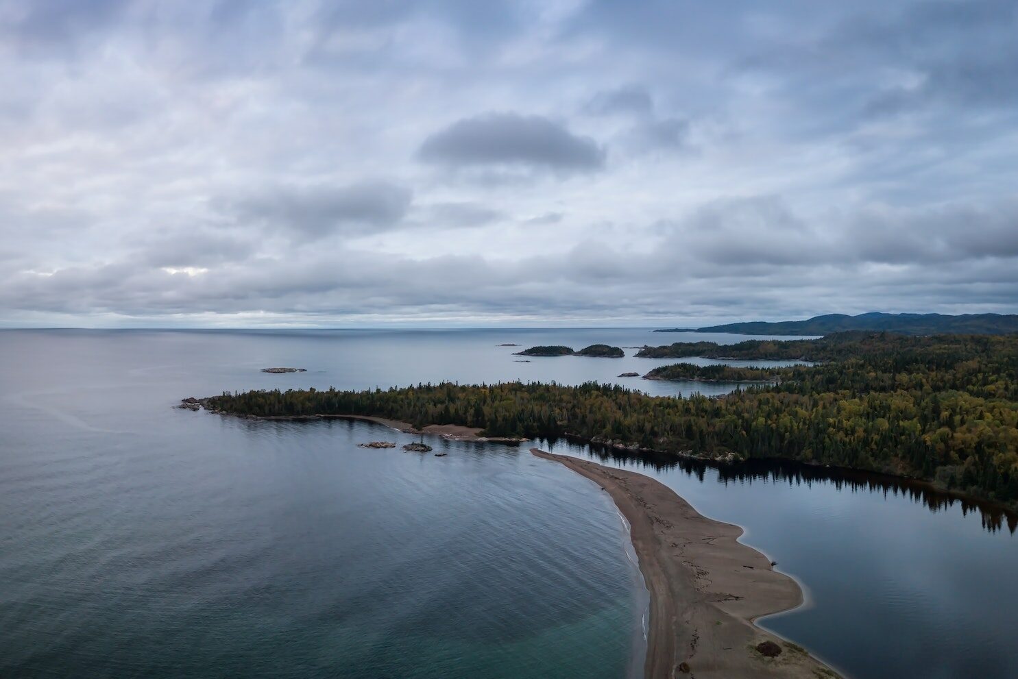 Aerial panoramic view of a beach on the Lake Superior