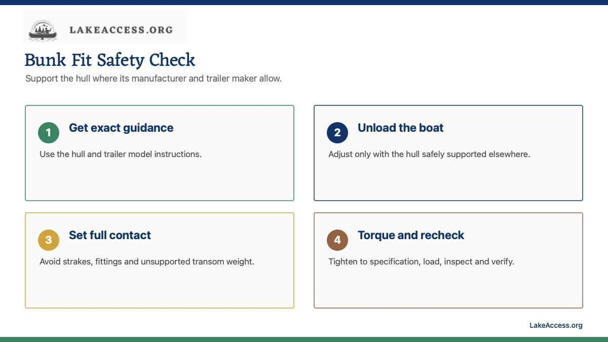 LakeAccess infographic showing four bunk-fit checks: get exact guidance, unload the boat, set full contact, and torque and recheck.
