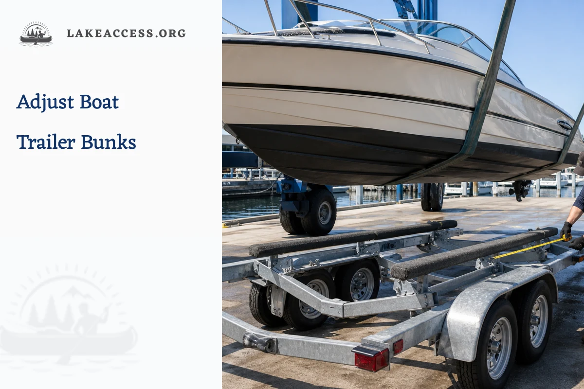 Fiberglass runabout held by a professional marina travel lift while a technician measures the empty galvanized trailer bunks from beside the trailer.