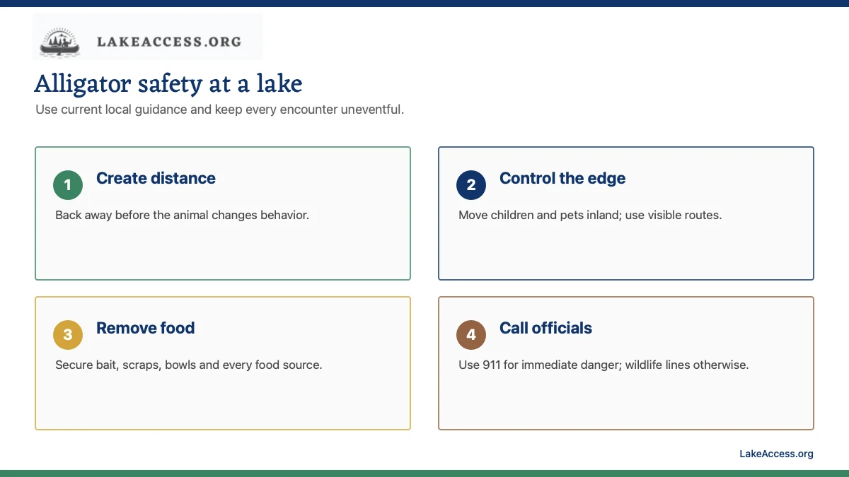 LakeAccess infographic showing four alligator safety steps: create distance, control pets and children, remove food and call the responsible agency.