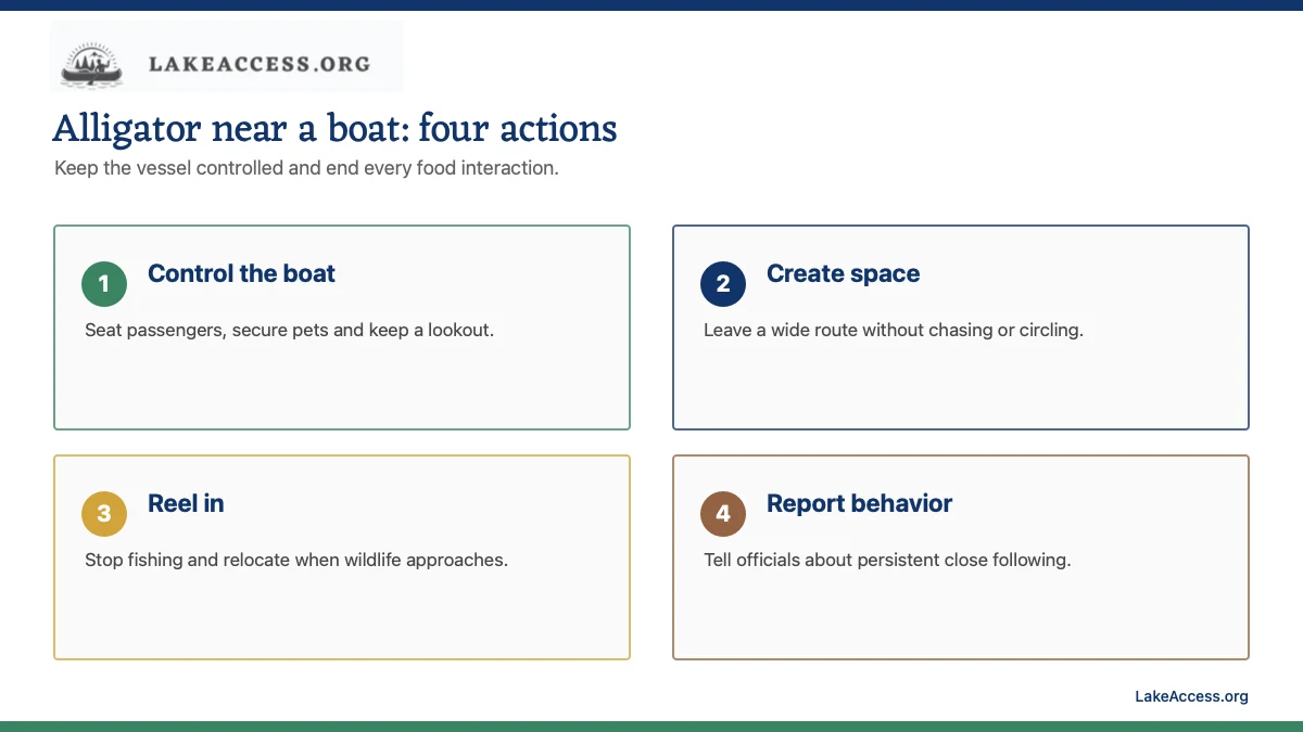 LakeAccess infographic showing four boating actions near an alligator: control passengers, create space, reel in and report persistent approaches.