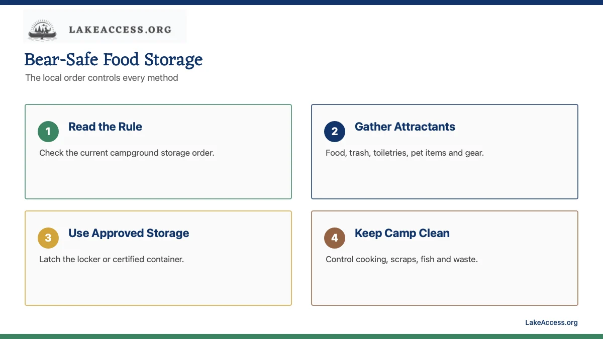 LakeAccess infographic showing four bear-safe storage checks: local order, attractants, approved container, and clean camp.