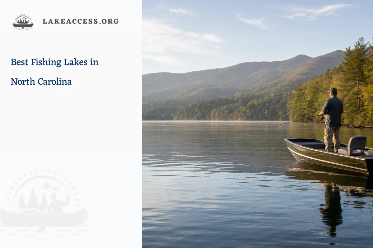 Representative angler fishing from a small boat on a wooded North Carolina mountain lake.