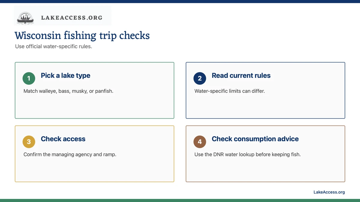 Infographic with four planning checks for Wisconsin fishing lakes.
