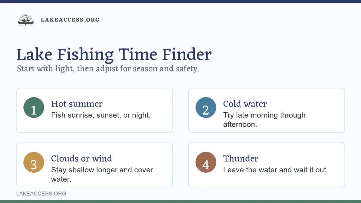 Infographic showing how season, weather, sunlight, and safety determine the best time of day to fish a lake.