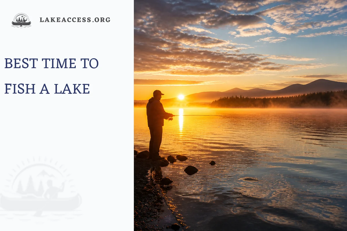 Angler fishing from a lake shore at sunrise, illustrating the best time of day to fish a lake.