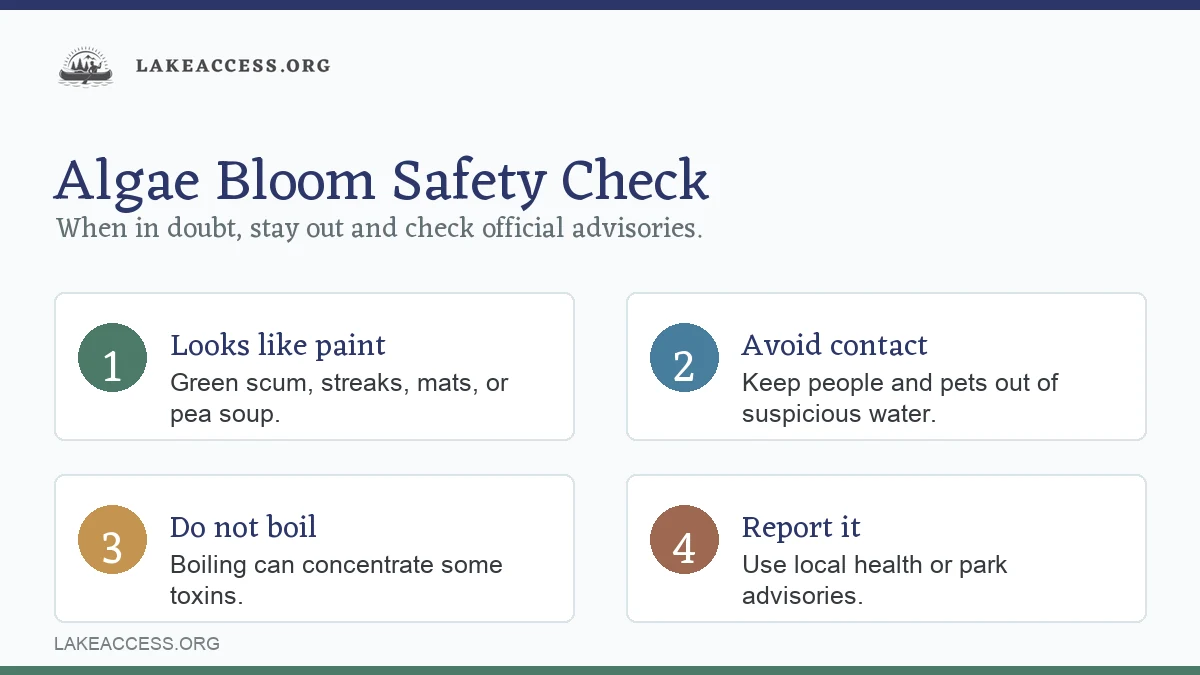 Infographic showing four checks for blue-green algae bloom safety at lakes.