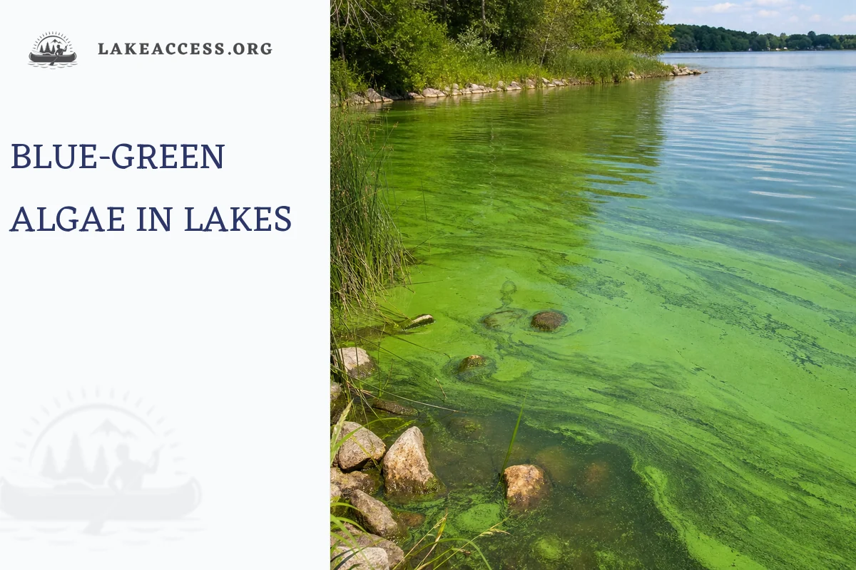 Green algae bloom along a lake shoreline, illustrating blue-green algae conditions in lakes.