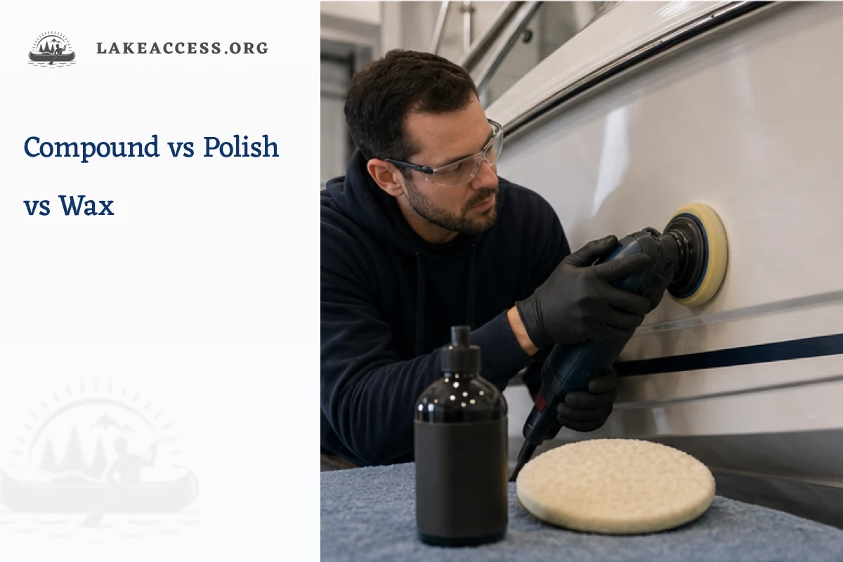 Marine detailer wearing eye protection while polishing a fiberglass boat hull in a clean workshop.