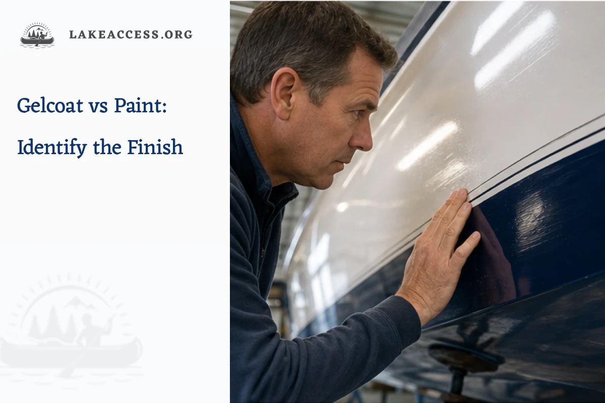 Boat owner inspecting the surface texture of a glossy fiberglass hull under workshop lighting.