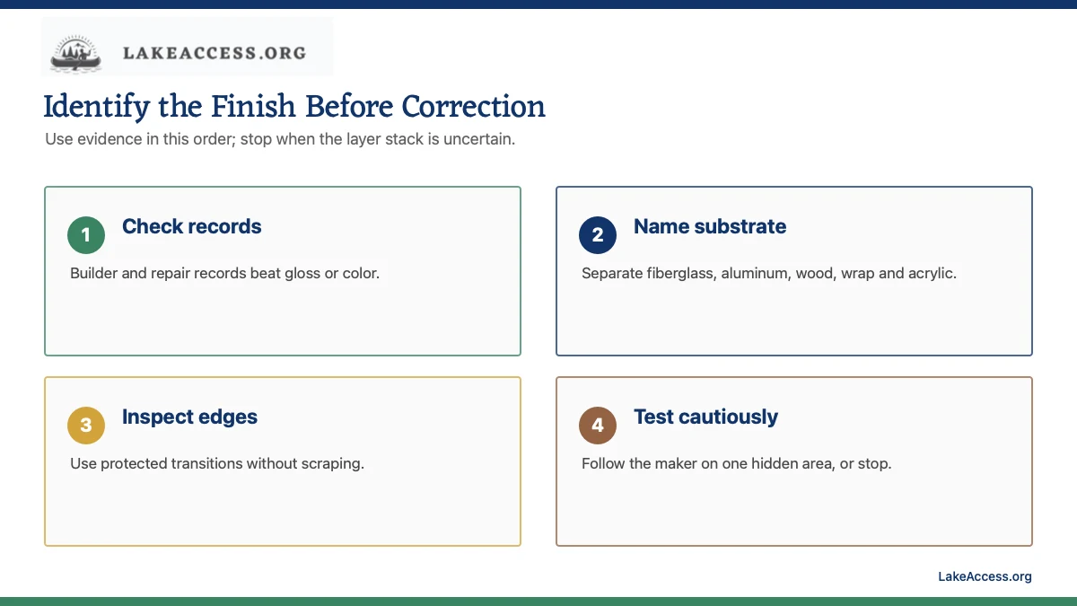 Infographic showing four finish identification checks: records, substrate, edges and a manufacturer-approved test spot.