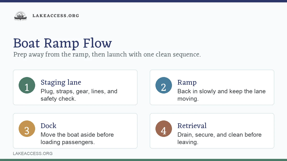 Infographic showing a simple four-step boat ramp checklist from staging to retrieval.