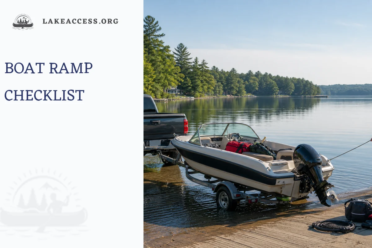 Small boat and tow vehicle at a public lake ramp for a first-time boater checklist.