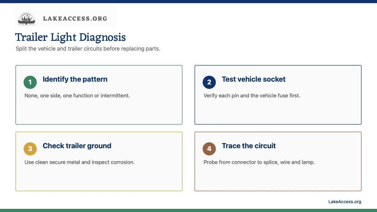 LakeAccess infographic showing four trailer-light diagnostic steps: identify the pattern, test the vehicle socket, check the trailer ground, and trace the circuit.
