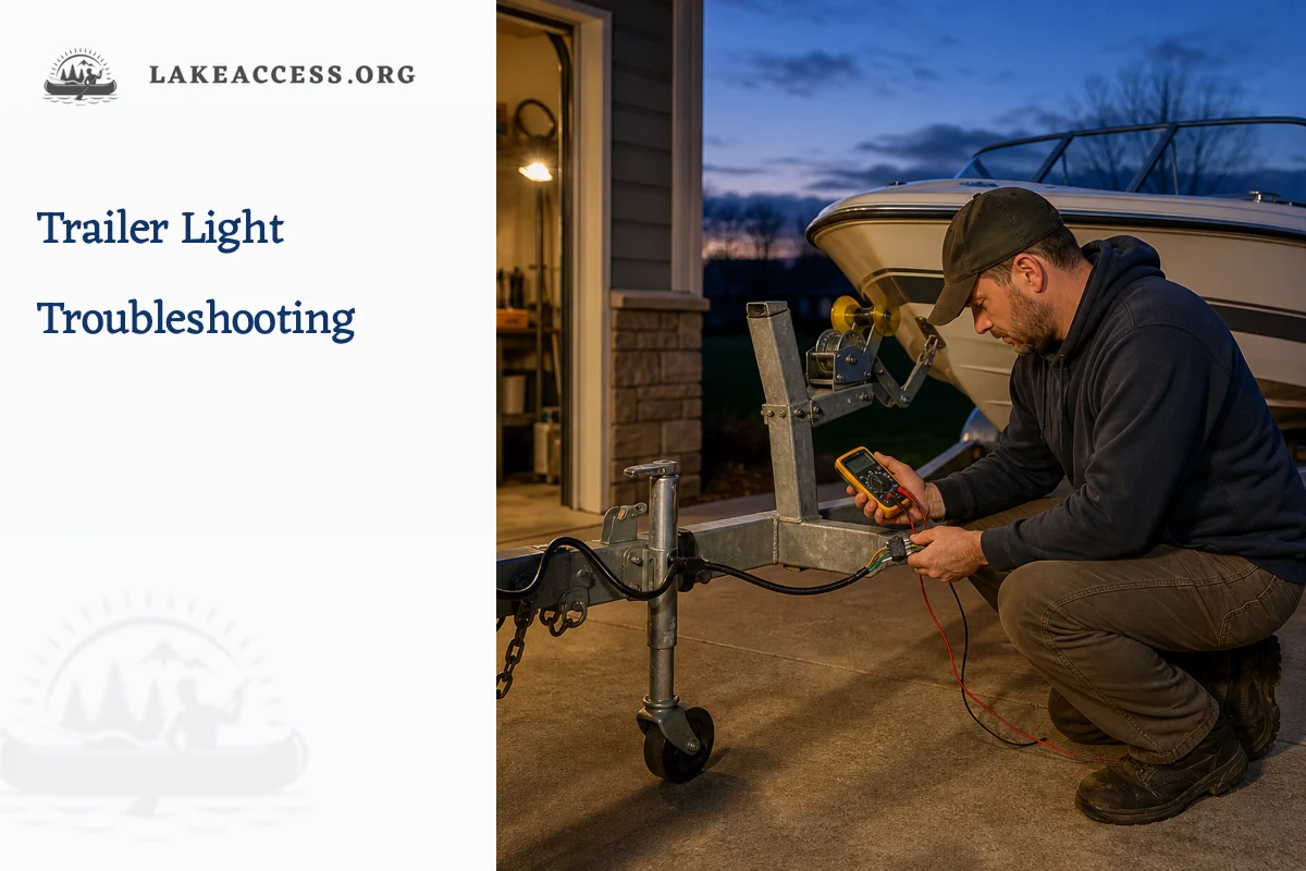 Technician testing a boat trailer connector with a multimeter beside a chocked trailer and secured runabout at a dry garage apron.