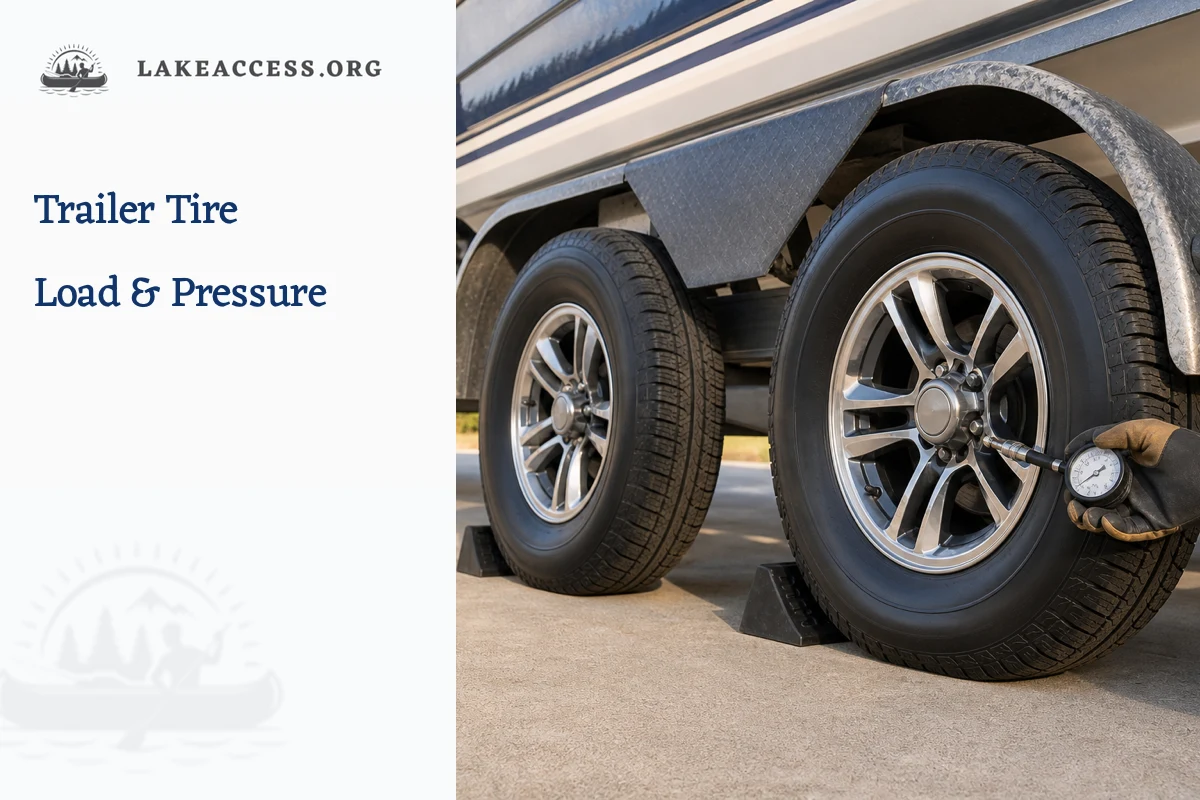 Gloved hand checking cold pressure with an analog gauge on a chocked tandem-axle boat trailer tire under a secured boat.