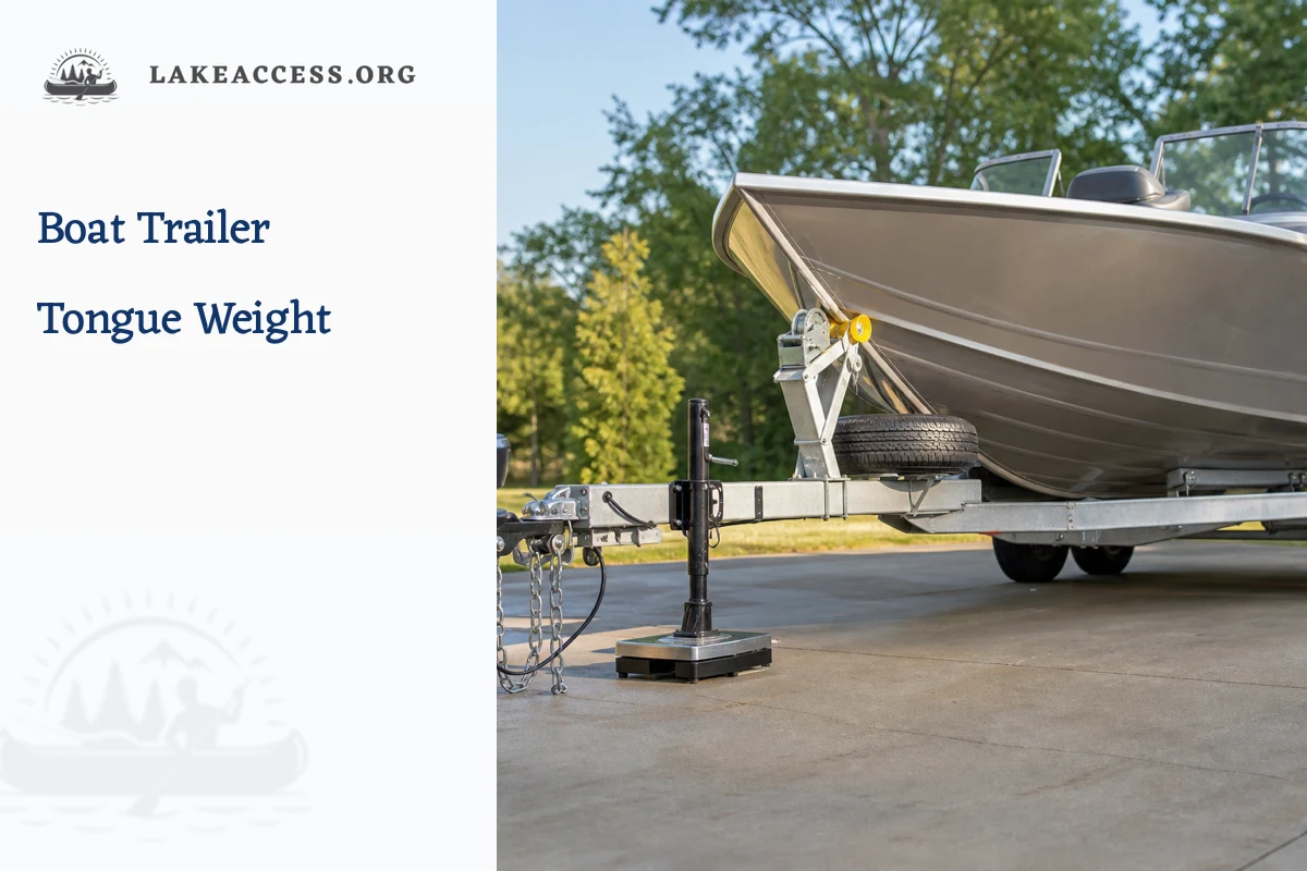 Loaded aluminum fishing boat and tandem-axle trailer on level pavement with the coupler positioned over a rated tongue-weight scale and wheels chocked.