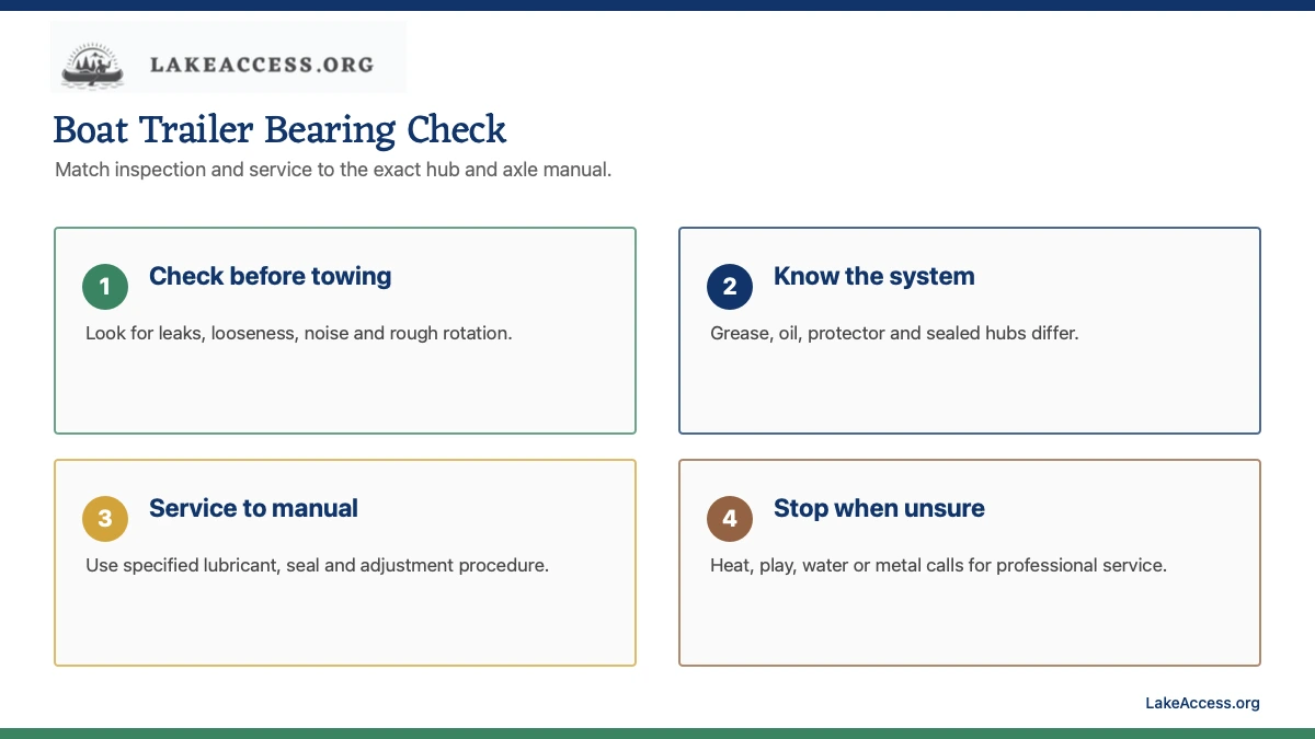 LakeAccess infographic showing four boat trailer bearing checks: inspect before towing, identify the hub system, service to the manual, and stop for warning signs.