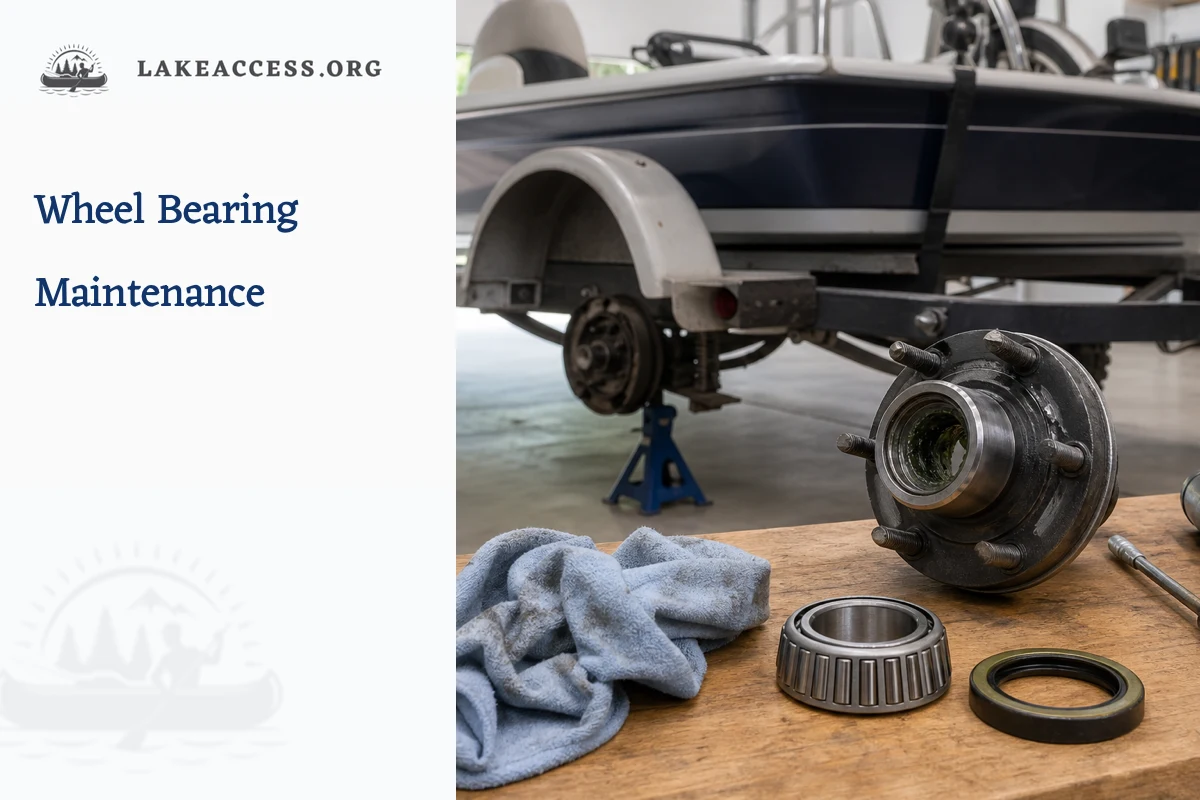 Boat trailer hub, tapered bearing and seal arranged on a clean workbench with the unloaded wheel position safely supported on a rated jack stand behind.