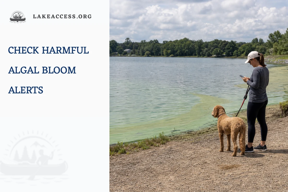 Lake visitor checking a harmful algal bloom alert while keeping a leashed dog away from green surface streaks near shore.