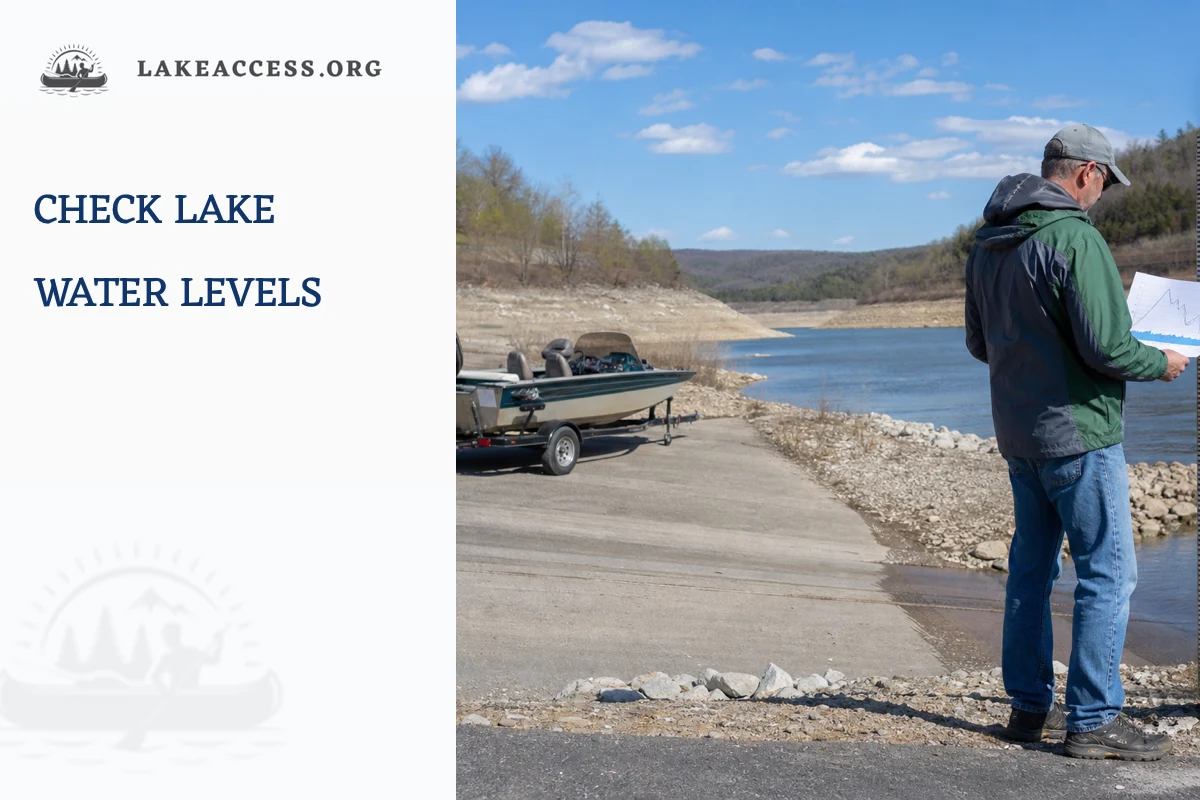 Boater reviewing a lake level graph from a safe position beside a low-water public boat ramp.