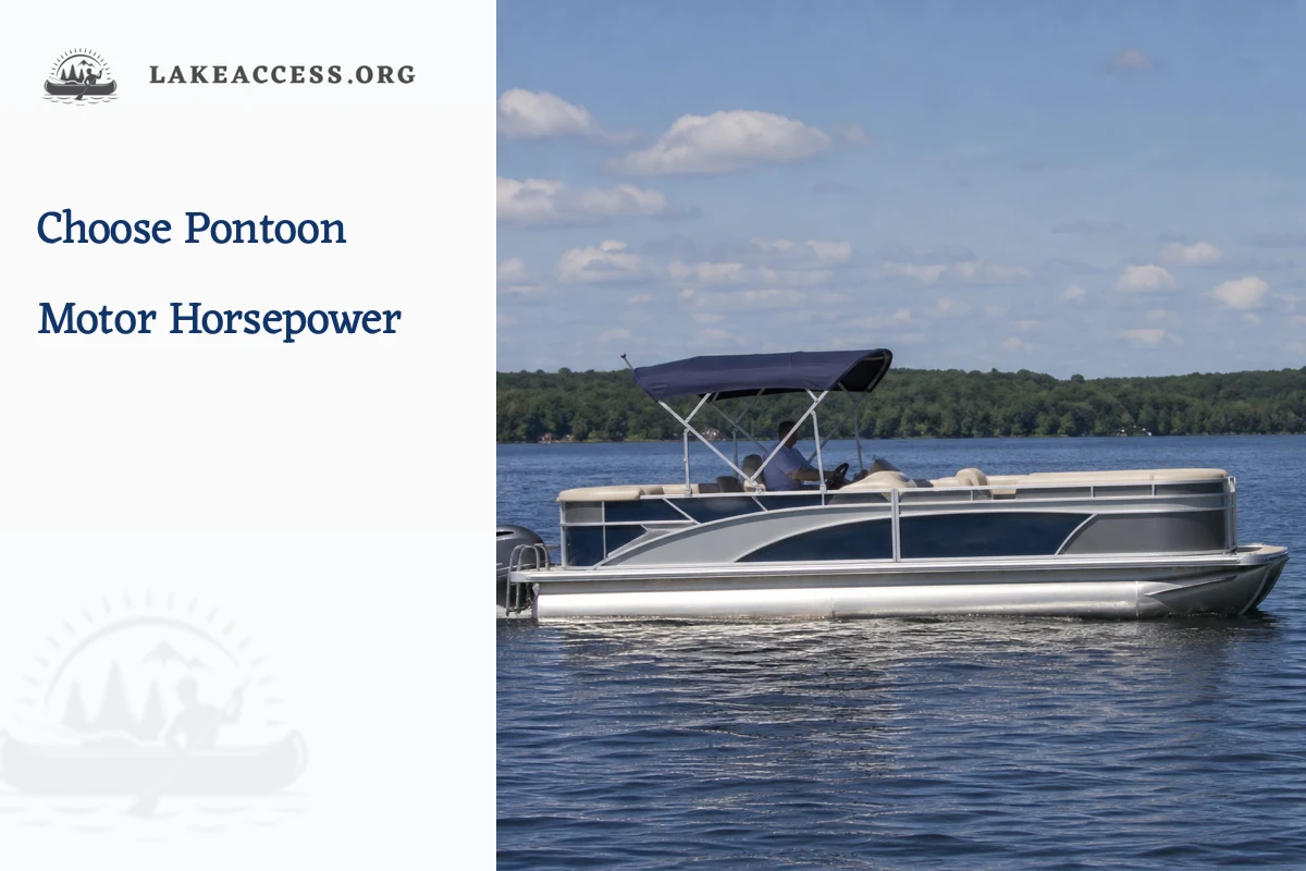 Representative modern pontoon boat moving slowly on a calm freshwater lake.