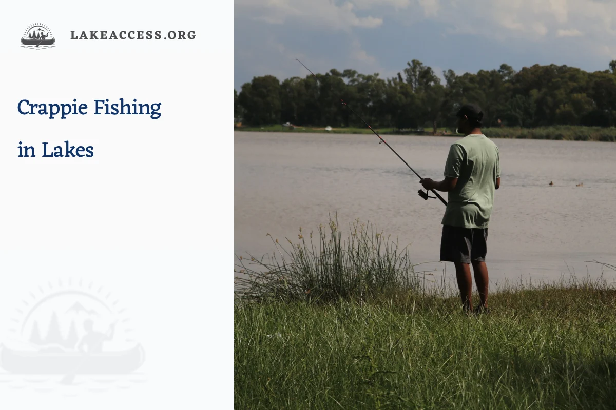 Angler fishing quietly from the bank of a calm freshwater lake, representing a seasonal search for crappie around structure.