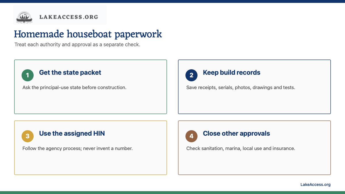 LakeAccess infographic showing four homemade-houseboat compliance checks: state packet, build records, assigned HIN, and separate operating approvals.