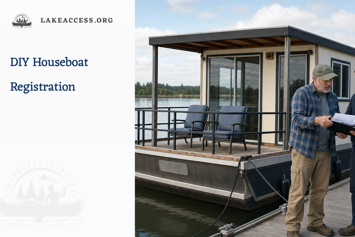 Representative owner and neutral marine inspector reviewing construction records beside a generic DIY houseboat secured at a dock.