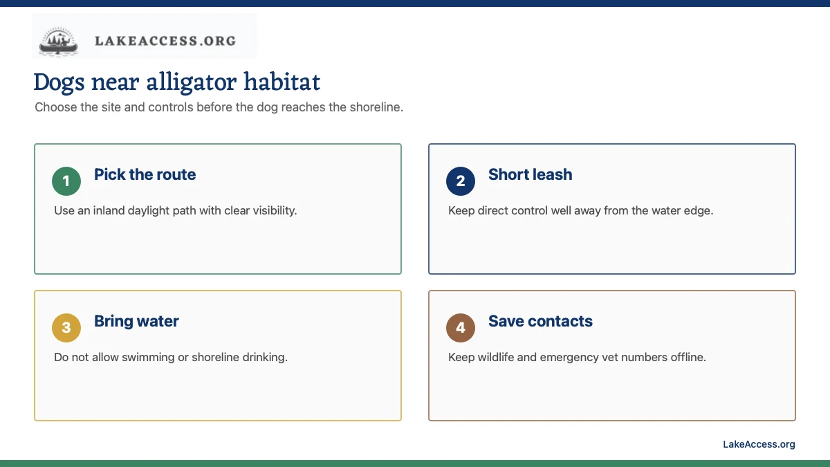 LakeAccess infographic showing four dog-safety checks near alligator habitat: site, leash, water and emergency contacts.