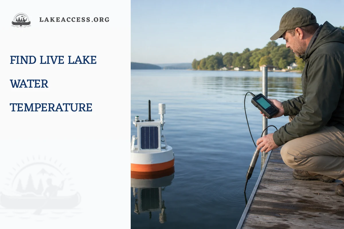 Lake visitor reading a water temperature probe beside a small monitoring buoy at a freshwater dock.
