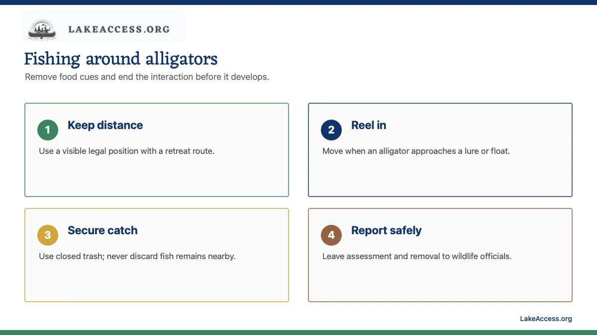 LakeAccess infographic showing four fishing controls around alligators: distance, line, catch and official reporting.