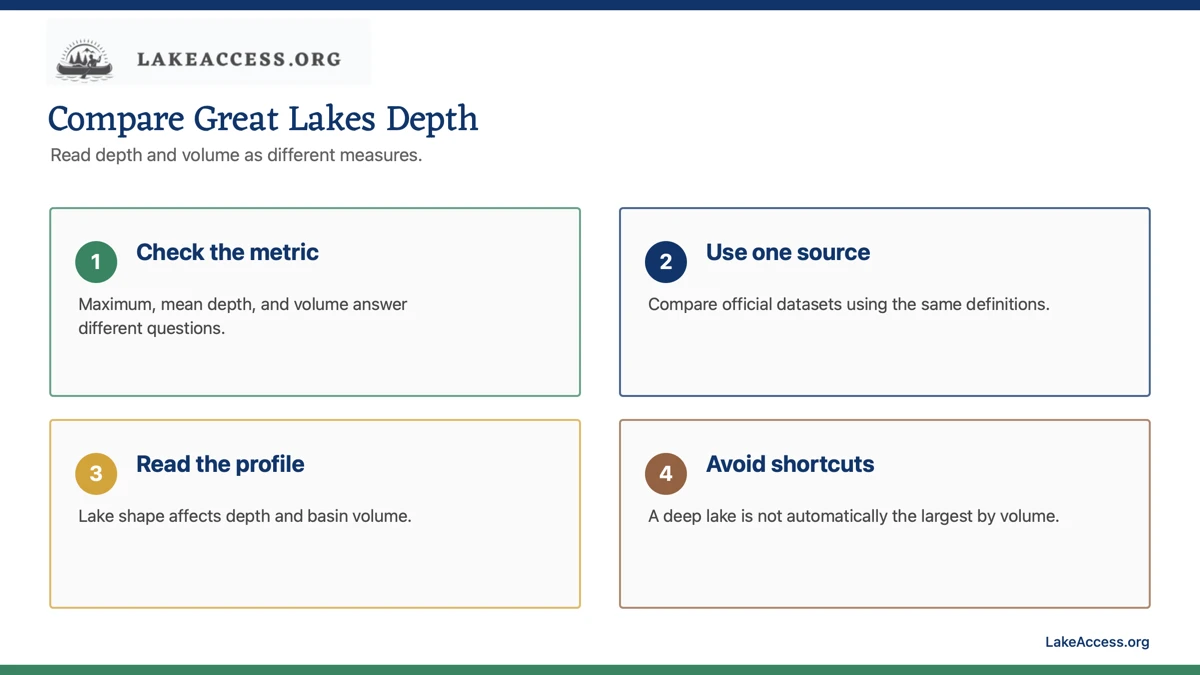 Infographic showing four checks for comparing Great Lakes depth and volume.