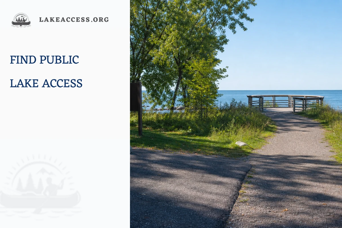 Representative public lakeshore access path leading to an accessible viewing deck and calm water.