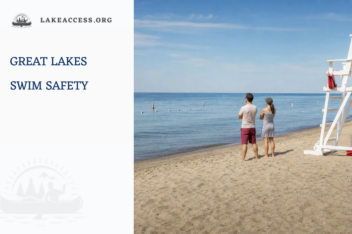 Representative public beach with a lifeguard chair, swim-area buoys, and visitors checking the water from shore.
