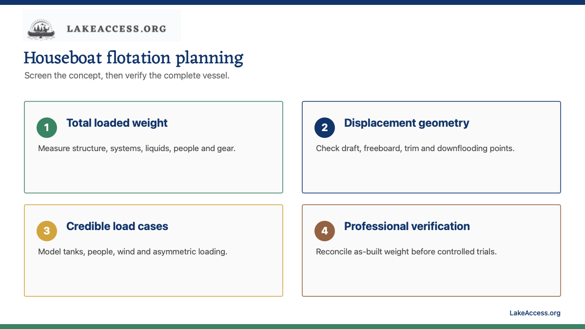 LakeAccess infographic showing four flotation planning checks: total loaded weight, displacement geometry, loading cases, and professional verification.
