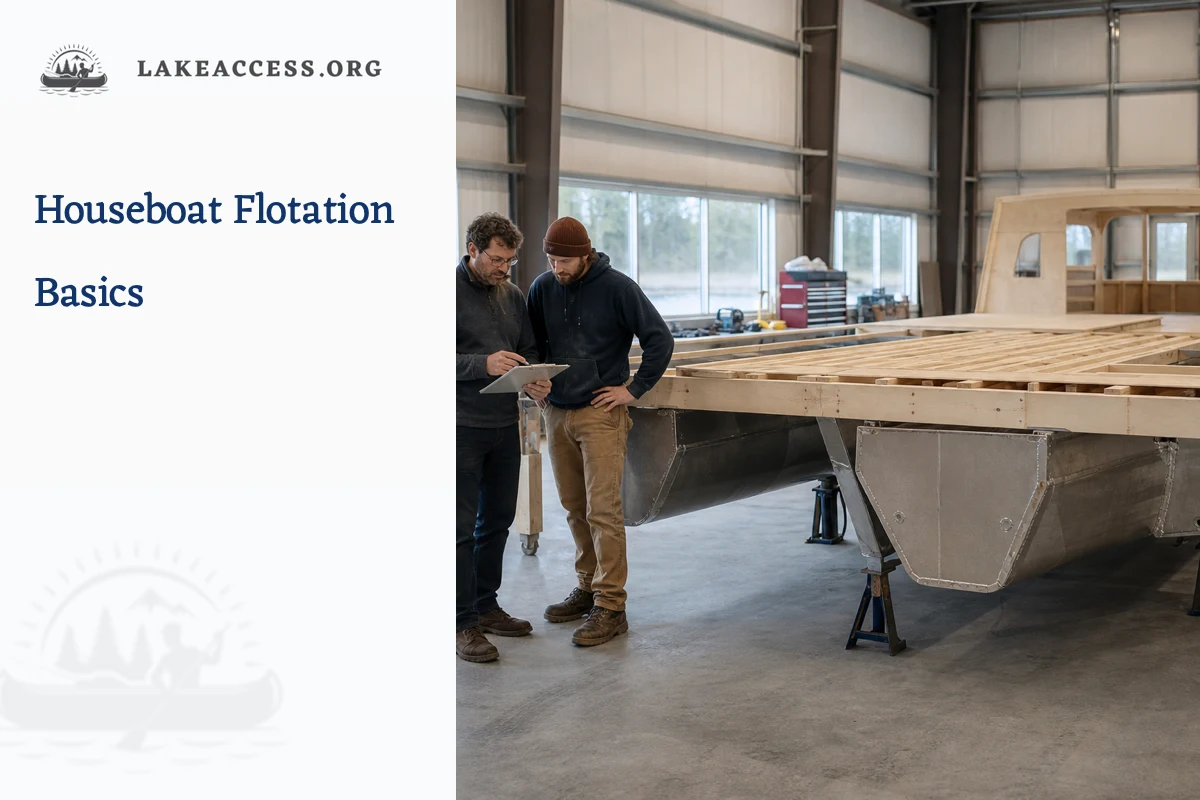 Representative unfinished houseboat flotation platform on rated shop stands while two marine professionals review a build ledger beside it.