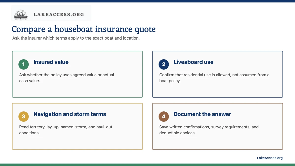 Infographic showing four questions to compare a houseboat insurance quote.