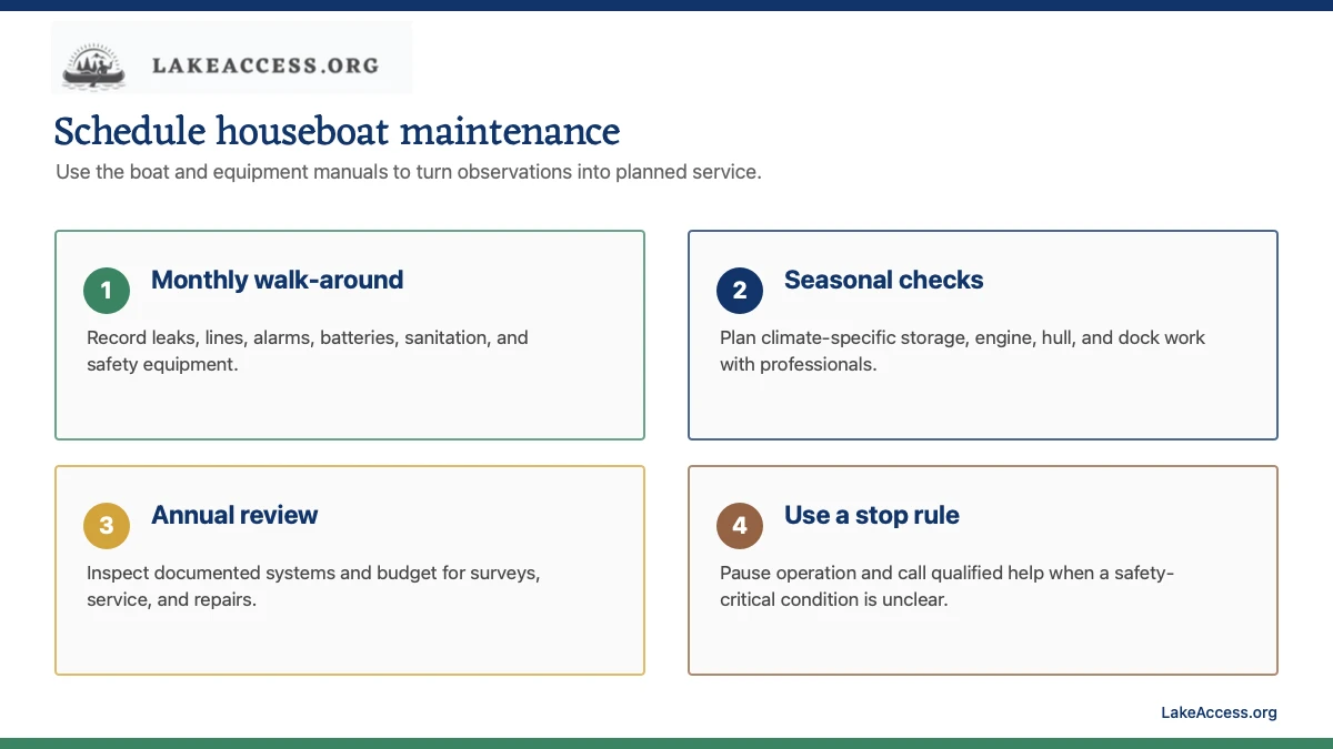 Infographic showing monthly, seasonal, annual, and stop-rule steps in a houseboat maintenance schedule.
