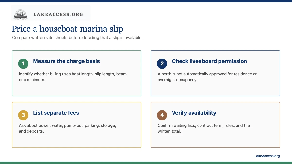 Infographic showing the four checks for comparing houseboat marina slip costs and liveaboard fees.
