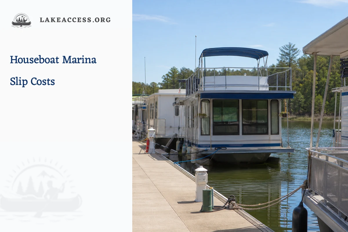 Representative freshwater marina dock with modest houseboat slips and utility pedestals.