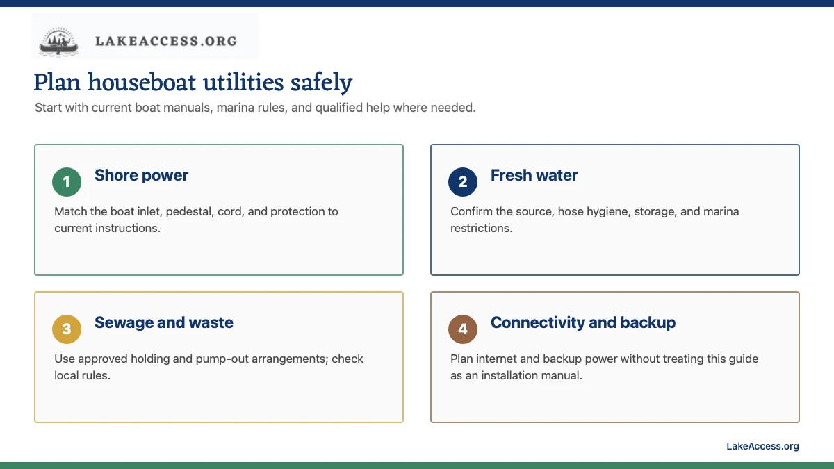 Infographic showing checks for shore power, fresh water, sewage, connectivity, and backup planning on a houseboat.