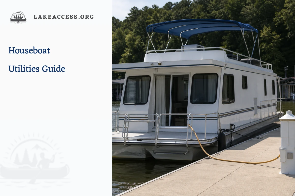 Representative houseboat safely moored beside freshwater marina utility pedestals.
