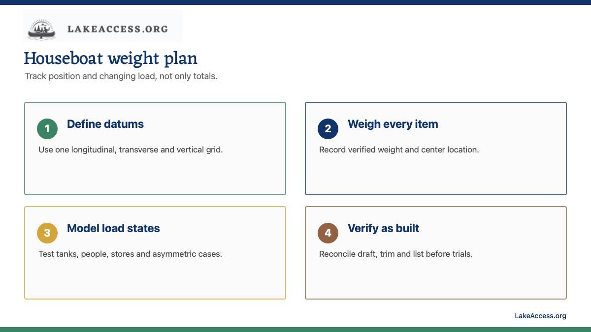 LakeAccess infographic showing four weight planning checks: define datums, weigh items, model load states, and verify the as-built vessel.